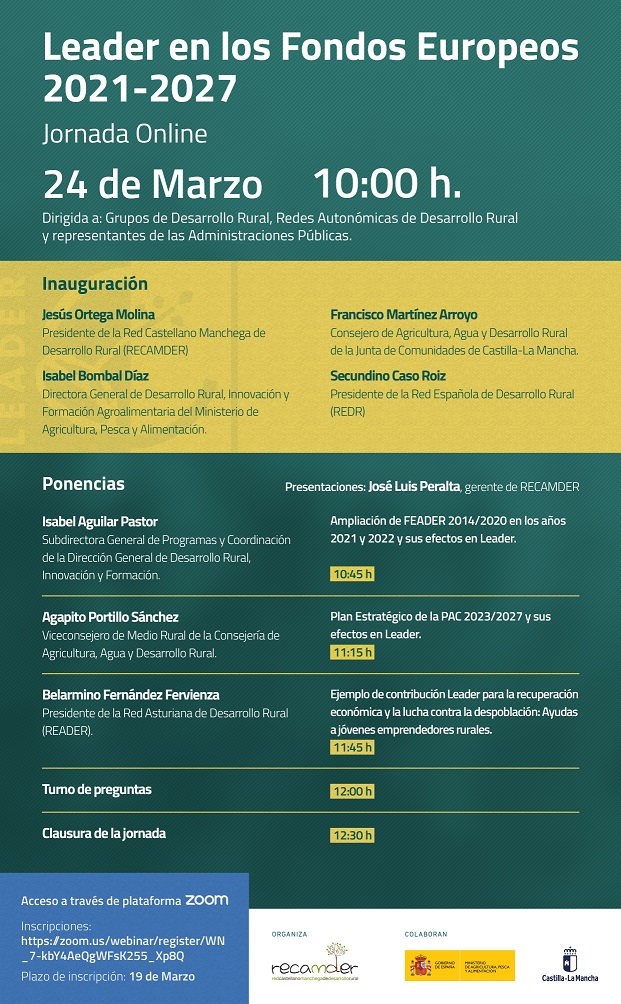 RECAMDER organiza una Jornada online para analizar el papel de Leader en los Fondos Europeos 2021-2027
