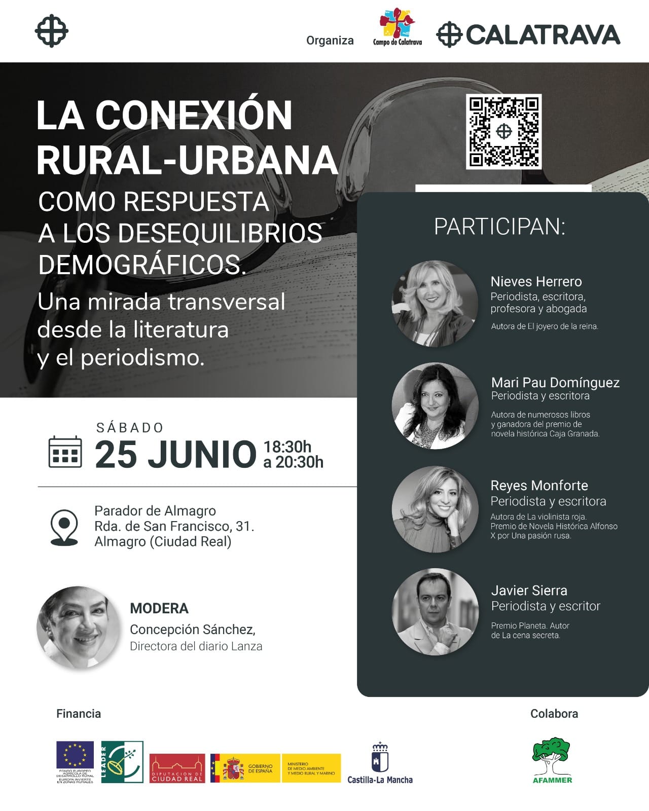 Nieves Herrero, Reyes Monforte, Javier Sierra y Mari Pau Domínguez visitan este sábado 25 la comarca invitados por la Asociación para el Desarrollo del Campo de Calatrava