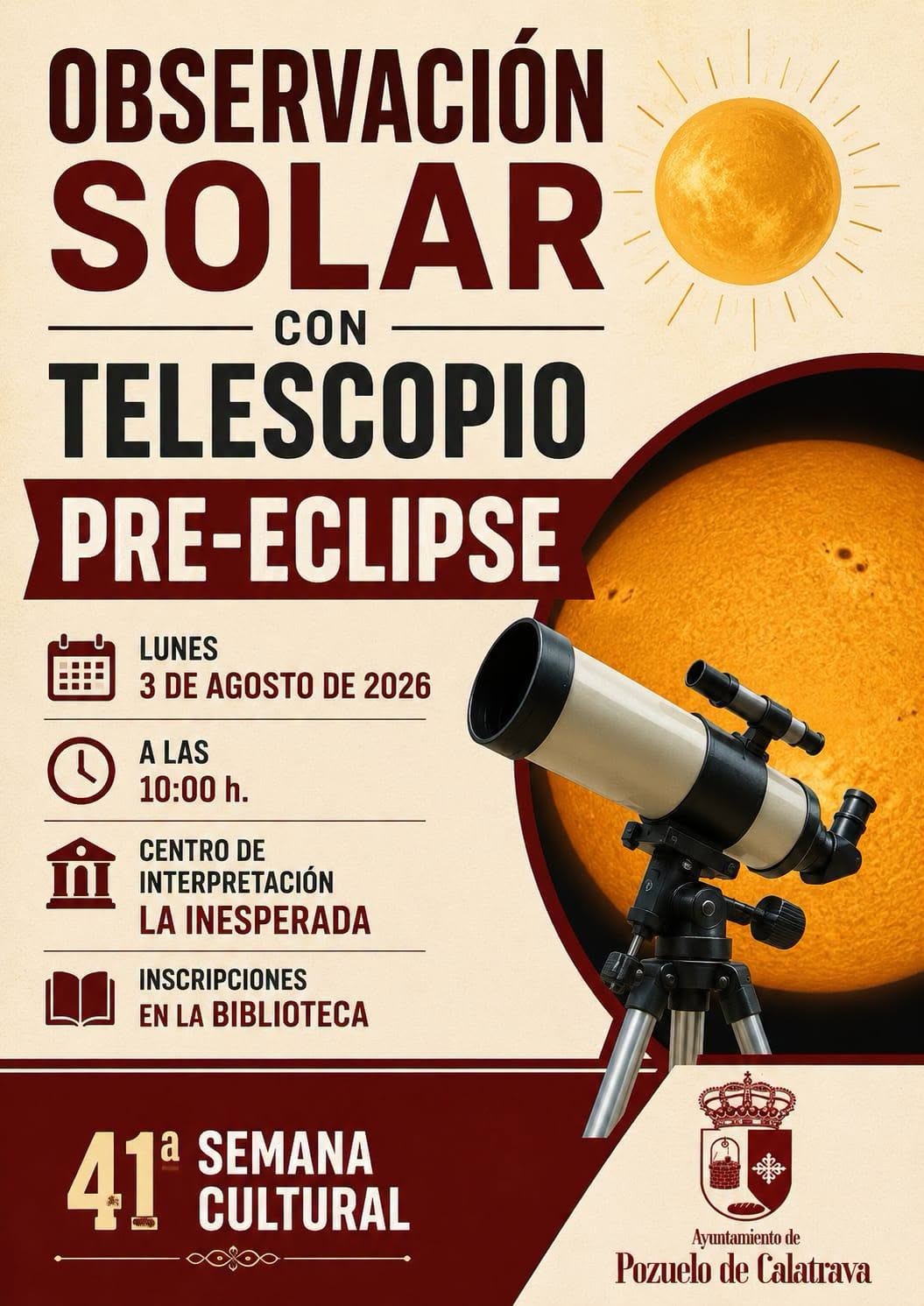 Observación Solar con  telescopio pre-eclipse.Pozuelo de Calatrava.